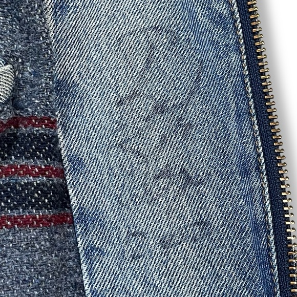 Woolrich 90s Denim Work Jacket Men's L Leather Collar Blanket Lined Distressed - Picture 14 of 16